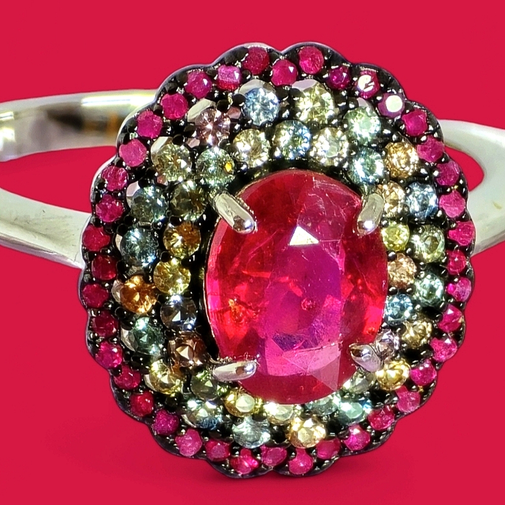 925 Sterling Silver Ring Sz 7.75 with Natural Oval Ruby 6×8mm & Myanmar Sapphire